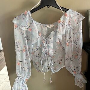 Light Blue Floral Ruffle Tie-Front Blouse